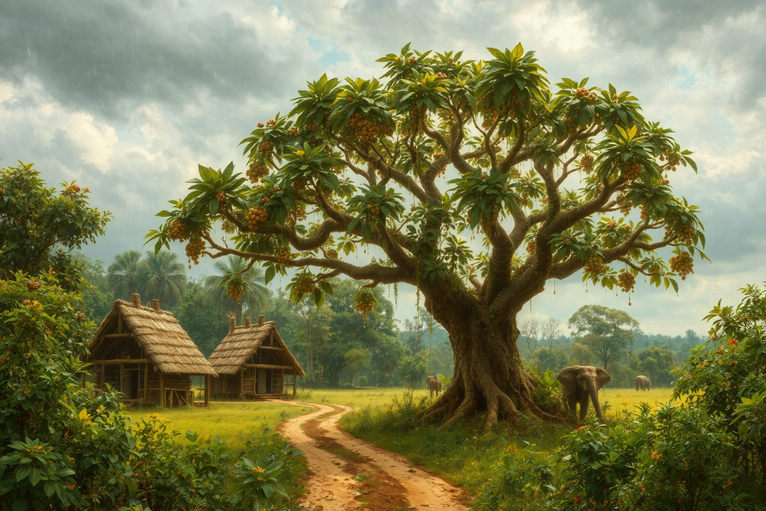 Tropical Tree and Village Scene