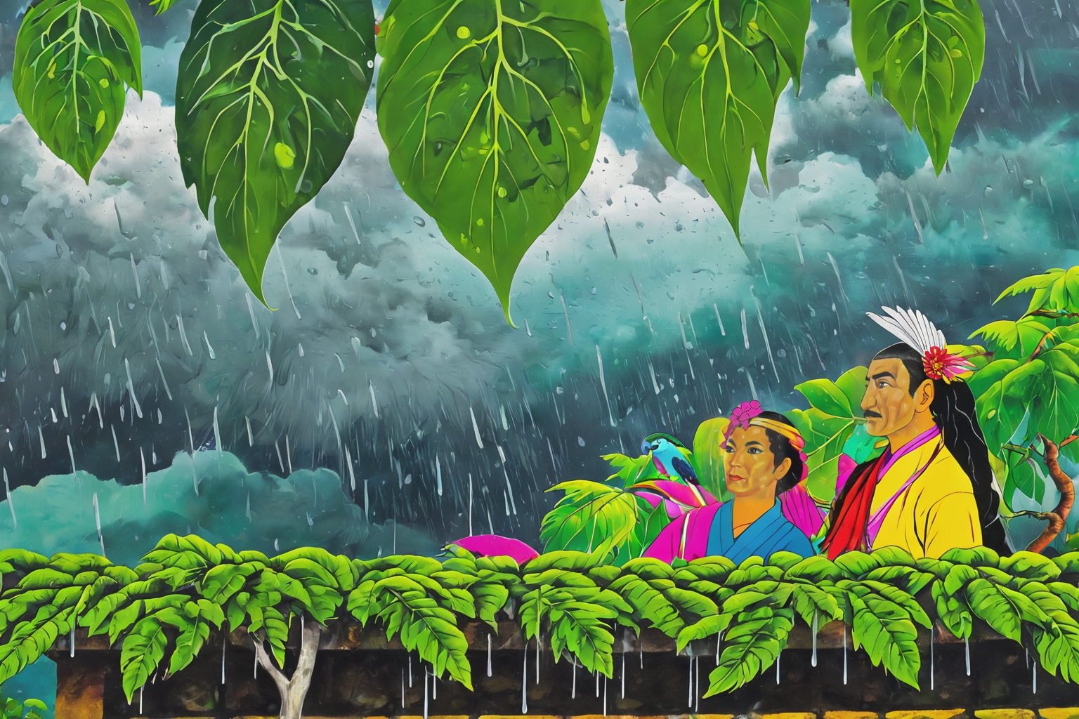 Family in rain under trees